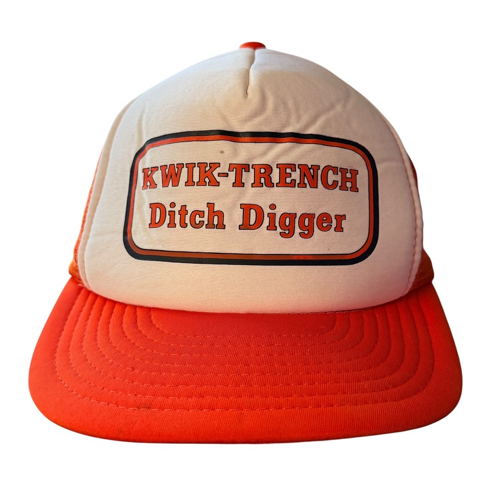 Vintage California Headwear Kwik-Trench Ditch Digger Trucker Hat Orange Mesh Cap